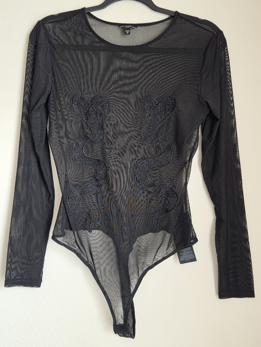 Women's Guess Black Snake Sheer Mesh Long Sleeve Body Suit Thong Size Medium
